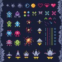 Retro space arcade game. Invaders spaceship, pixel invader monster and retro video games pixel art isolated objects illustration set vector