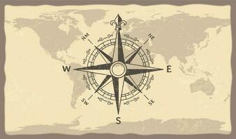 Antique compass on world map. Vintage geographic history maps with marine compasses arrows vector illustration