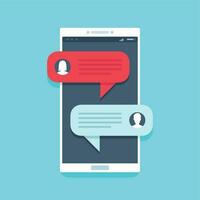 Chat message on smartphone. Mobile phone chatting, people texting messages and sms bubble on phones screen vector flat illustration