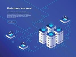 Database servers. Digital datacenter server network. Hosting tech support. Online cloud storage vector isometric illustration