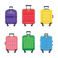 Luggage suitcase. Airport travel baggage colorful plastic suitcases with handle and trolley isolated flat vector set