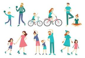 Sport family people. Couple with kids on fitness workout, cycling and play tennis. Sports lifestyle activities vector illustration