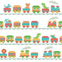 Kids toy train pattern. Children railroad toys, baby trains transport on rails and kid railway seamless vector illustration