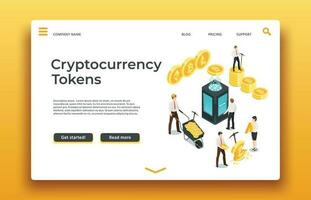 Blockchain and cryptocurrency landing page. Isometric people mining coins. Vector web design