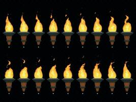 Torch fire animation. Burning cresset, flames on torches and flambeau animated loop sequence isolated vector set