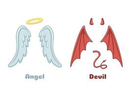 Angels and demons wings. Cartoon evil demon horns and good angel wing with nimbus. Devil and saint angel vector illustration