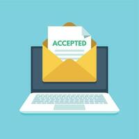 Accepted email in envelope. College acceptance success or university admission letter. Mail in laptop inbox vector illustration