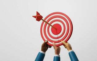 Business team holding dart board with arrows in the center on white background. 3d rendering,3d illustration photo