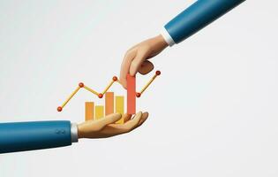 Businessman hand putting financial chart statistic graph on white background. 3d rendering,3d illustration photo