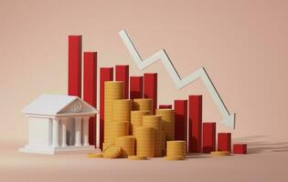 Arrow chart white arrows pointing down stacks of coins falling with decreasing bar graph bank. 3d rendering,3d illustration photo