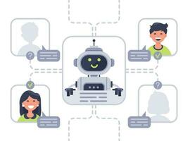 humano comunica con chatbot. virtual asistente, apoyo y en línea asistencia conversacion con charla larva del moscardón vector ilustración