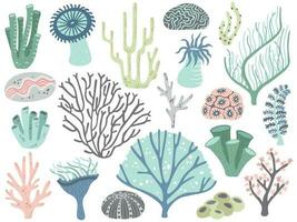 Aquarium corals and seaweed. Marine ocean coral flora, decor underwater seaweeds and different water plants cartoon vector set