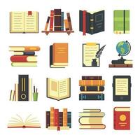 Flat books icons. Magazines with bookmark, history and open science book stack. Encyclopedia on library shelves vector illustration