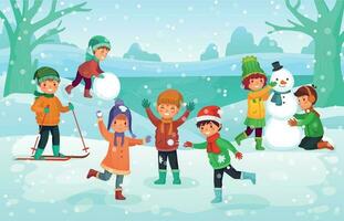 invierno divertido para niños. contento linda niños jugando al aire libre en inviernos sombreros. Navidad invierno fiesta dibujos animados vector ilustración