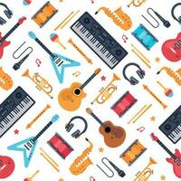 Musical instruments seamless pattern. Vintage piano synthesizer, rock guitar and drums. Music vector flat background