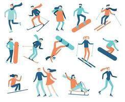 Winter sport people. Sportsman on snowboard, skis or ice skates. Snowboarding, skiing and skating sports isolated flat vector set