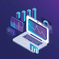 Finance market analysis isometric 3d charts on business laptop. Analytical report with infographic data chart vector flat illustration