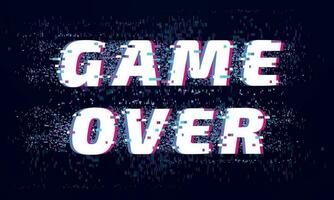 Game over. Games screen glitch, computer video gaming phrase and playing final level death screen with distorted text vector background