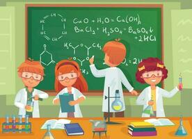 School kids study chemistry. Children pupils studying science and writing at laboratory class blackboard cartoon vector illustration
