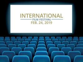 película festival. película teatro salón con blanco pantalla. cine internacional festival vector antecedentes