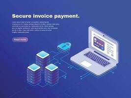 Electronic billing connection of laptop and database. Secure invoice payment. Electronics transaction bill 3d isometric vector concept