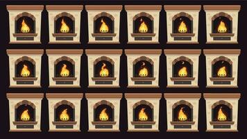 Animated fire in fireplace. Flames animation in retro home wood burning fireplaces isolated vector cartoon frames set