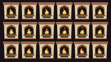 Animated fire in fireplace. Flames animation in retro home wood burning fireplaces isolated vector cartoon frames set