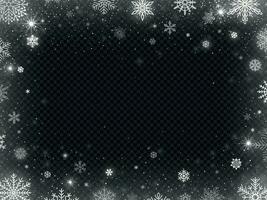 Snowed border frame. Christmas holiday snow, clear frost blizzard snowflakes and silver snowflake vector illustration
