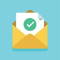 Check mark document in mail envelope. Approved tick marker, accepted or checked on letter. Confirmation email message vector icon