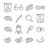 Optometry eyes health and oculist tools. Medical laser eye surgery, eyedropper, eyeball, ophthalmic lenses or glasses line icons set vector