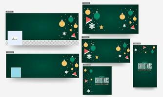 Green Header or Banner, Poster and Template Design Decorated with Origami Paper Baubles, Party Hats, Stars and Snowflakes for Merry Christmas and Happy New Year. vector