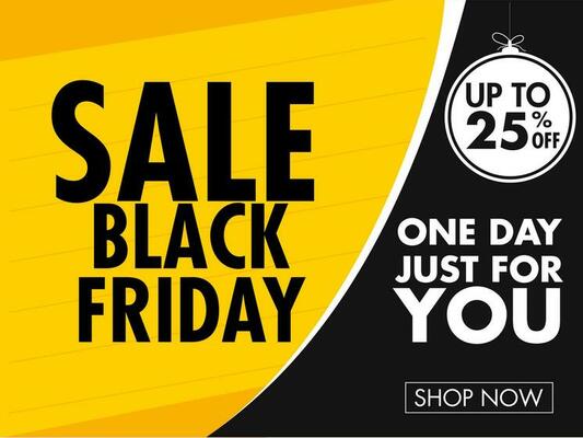 Yellow and black banner or poster design with discount offer and given message as One Day Just For You for Black Friday Sale.