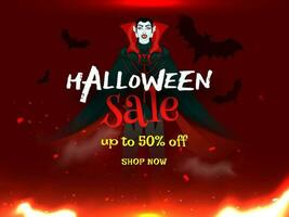 Halloween Sale banner or poster design with discount offer and vampire man on red firing background. vector