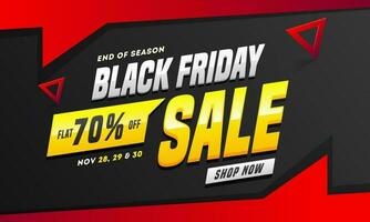 Advertising banner or poster design with discount offer on red and black background for Black Friday Sale. vector