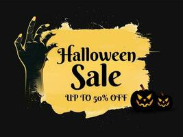 Halloween Sale banner or poster design with discount offer, scary pumpkin and zombie hand on brush stroke effect background. vector