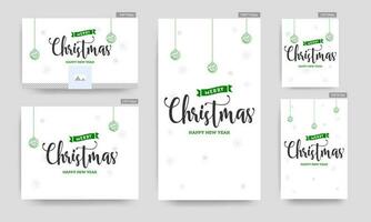 Merry Christmas and Happy New Year poster and template or greeting card design with hanging lanterns and snowflake decorated on white background. vector