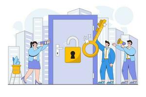 Vector illustration of business people characters open door using key and unlock padlock to improving skills