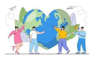 Vector illustration of holiday date, world earth day, save energy and planet with people characters