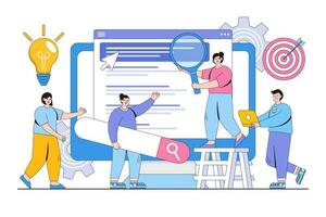 Vector illustration of web site development, teamwork, website coding, SEO and search engine with people characters