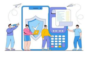 Vector illustration of people characters pay bills via terminal, contactless payment with POS terminal and mobile phone