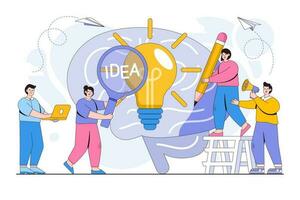 Vector illustration of searching for new ideas solutions, working together in the company and brainstorming with people characters