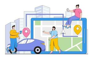 Vector illustration of gps system, cartography display, location on city map, navigation in smartphone or tablet and path is paved to the car with people characters