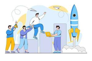 Vector illustration of people characters run to their goal on a column of columns, move up motivation and way to achieve goal with rocket up