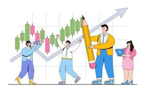 Vector illustration of candlestick chart of the stock market, move up motivation, way to achieve goal with business people characters