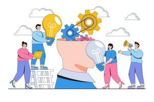 Vector illustration of company is engaged in joint search for ideas, replacing person's head thought with new