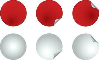 Set circle adhesive symbols. White tags, paper round stickers with peeling corner and shadow, isolated rounded plastic mockup, realistic red round paper adhesive sticker mockup vector