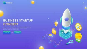 Business Startup website template design, 3d illustration of company launching new project with business element like as money, target board, lock and idea growth concept. vector