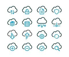 Computer Cloud Icons Set Vector. Cloud service and technology line icons. Cloud network and data vector linear icon set.