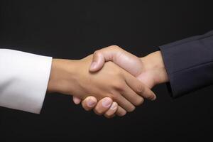 Business agreement handshake hand gesture on dark background. photo