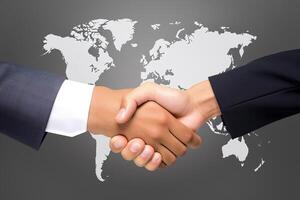 Business agreement handshake hand gesture with a world map in the background. photo